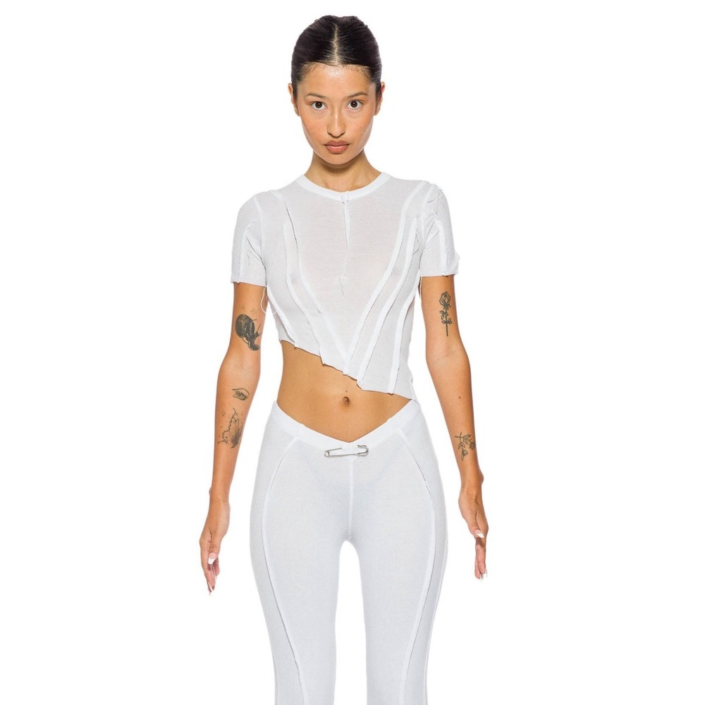 Sami Miro Vintage Asymmetric Open Seam Ribbed Tee White Small Upcycled Crop Top